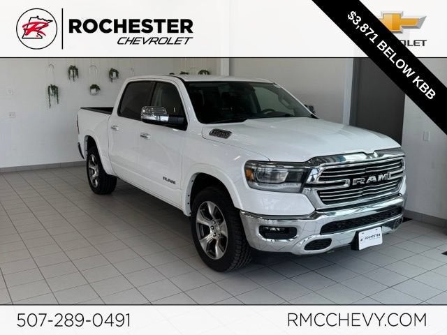 2022 RAM 1500 Laramie Crew Cab 4x4 5'7" Box in White — front three-quarter view