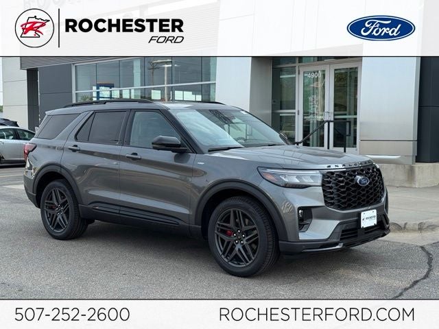 2026 Ford Explorer ST-Line w/Glass Roof + Premium Pkg in Agate Black Metallic — front three-quarter view