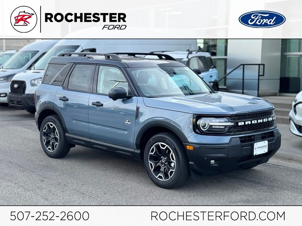 2026 Ford Bronco Sport Outer Banks w/Power Moonroof + B&O Sound System in Azure Gray Metallic Tri-Coat — front three-quarter view